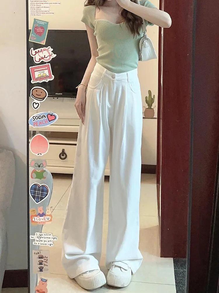 

Женские широкие белые плиссированные джинсы с высокой талией - свободные, узкие, длиной до пола, летние брюки XL белый