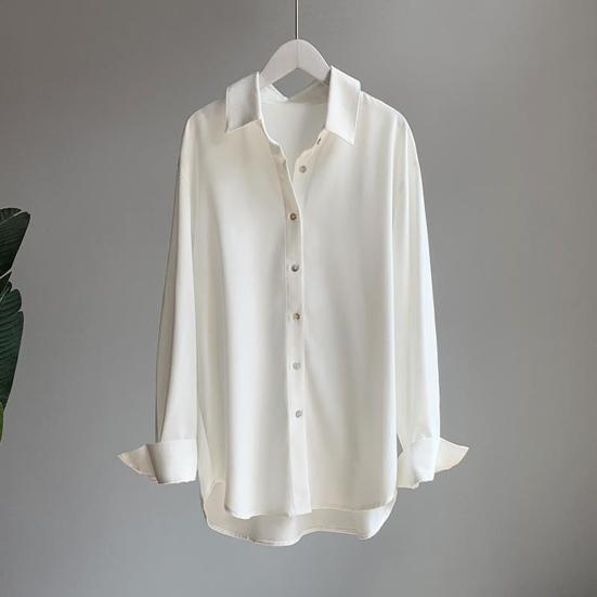 Women Shirt Lapel Long Sleeve Buttons Placket Casual Shirt Solid Color Commuter