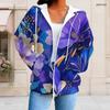 Damen Übergröße Reißverschluss Langarm Floral Bedruckter Hoodie Blau Lila Mit Taschen Kordelzug Kapuze