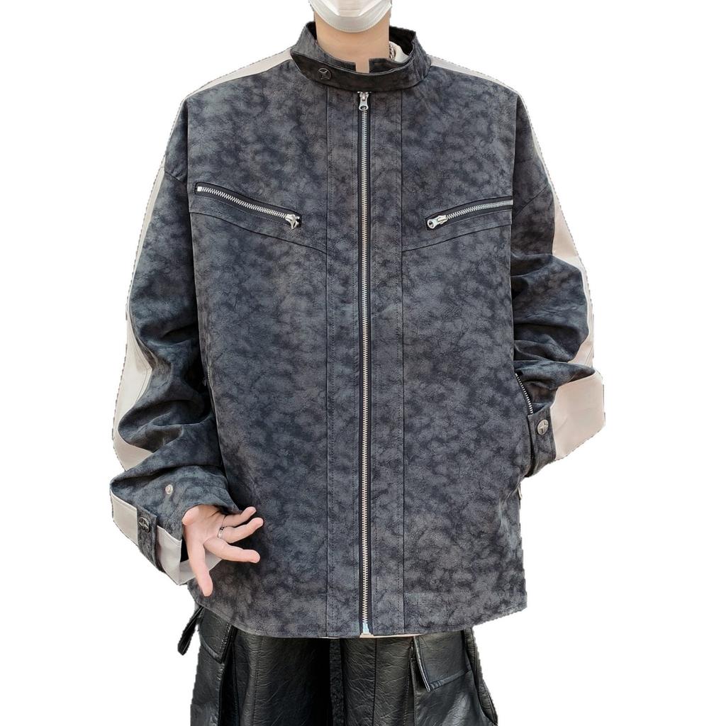 Autumn new long-sleeved leather shoulder padded stand-up collar locomotive jacket couple American retro matte textured coat top