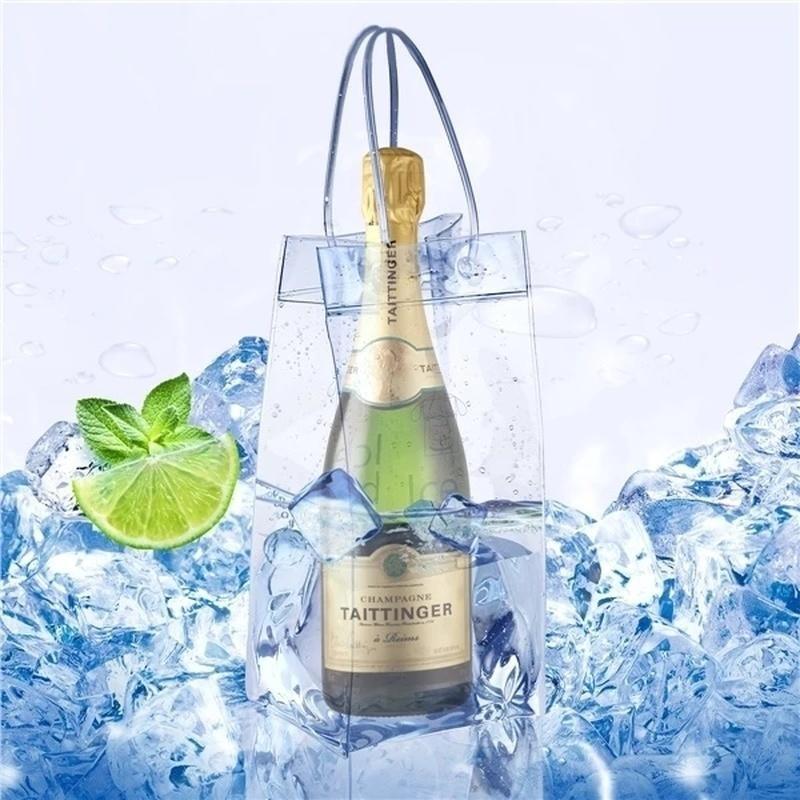 1Pc PVC Leakproof Ice Bag Eco Friendly Transparent Ice Pack Portable Ice Bucket Wine Champagne Bottle Chiller with Carry Handle