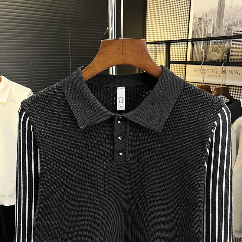 Móda Módní Značka Pánské Oblečení Top Slim Fit Klopa Pletenina Svetr Vysoce Kvalitní Pu Pohledný Mládež Polokošile Pánská Dlouhý Rukáv