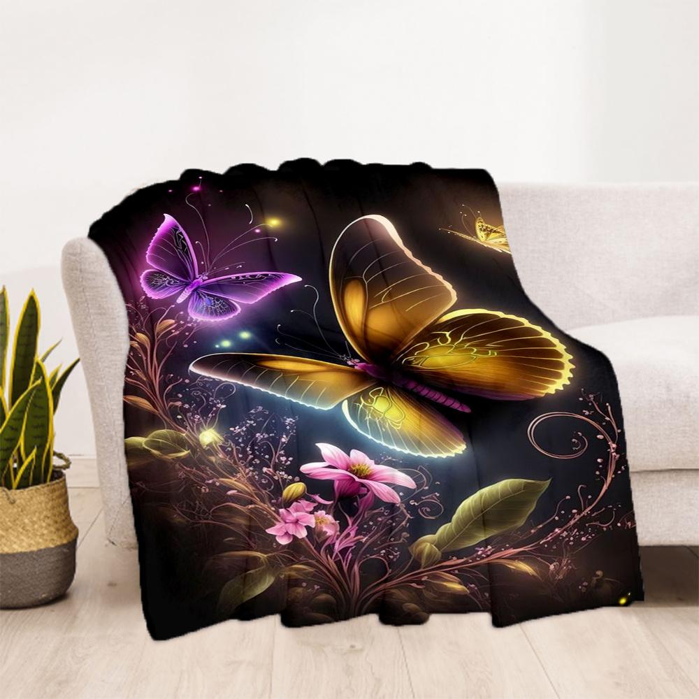 1pc Butterflies Flowers Flannel Blanket, Comfortable and Warm Blanket, for Camping Sofa Bed and Couch Office032