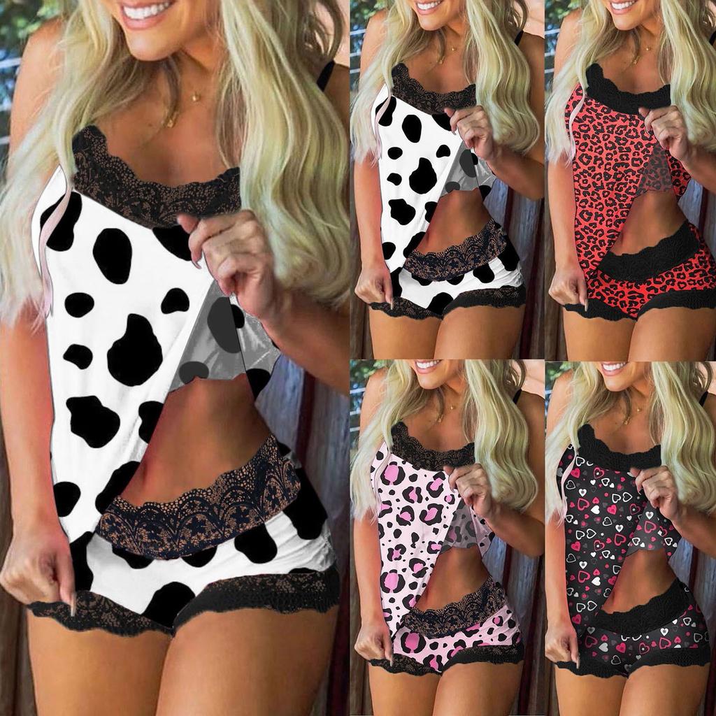 Women Print Pajamas Sleeveless Lace Cami Shorts Lingerie Sleepwear Set