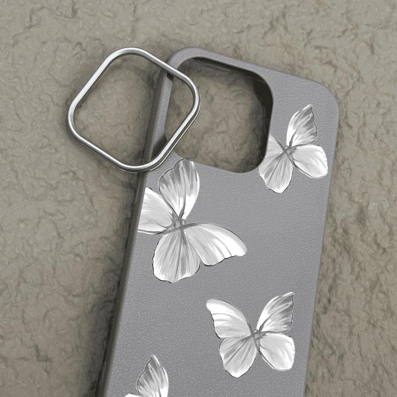 Grey Butterfly Print Shockproof Soft TPU Phone Case For iPhone 16 Pro Max 15 Pro 14 13 12 11 Lens Protection Matte Leather Texture Slim Bumper Cover