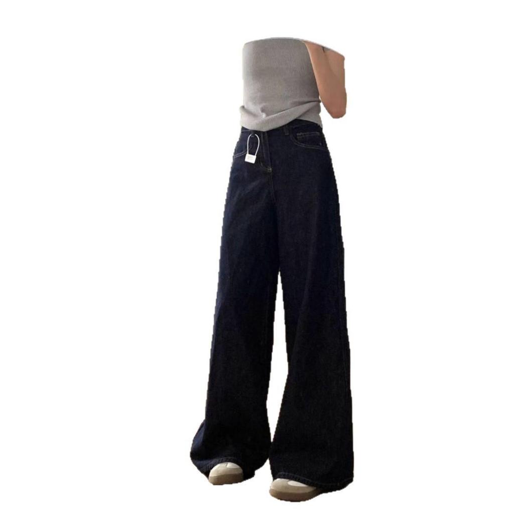Dark Blue Wide-Leg High-Waisted Women's Jeans - Retro American Spring 2025 Floor-Length Denim