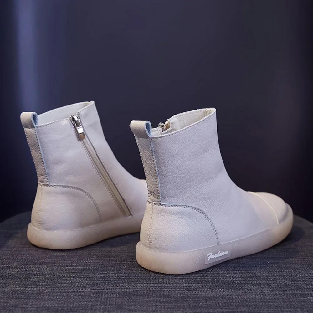 Short Boots Women's Autumn Winter New Item Cowhide Soft Soled Women's Boots Casual High Top Shoes Side Zipper Ankle Boots Women