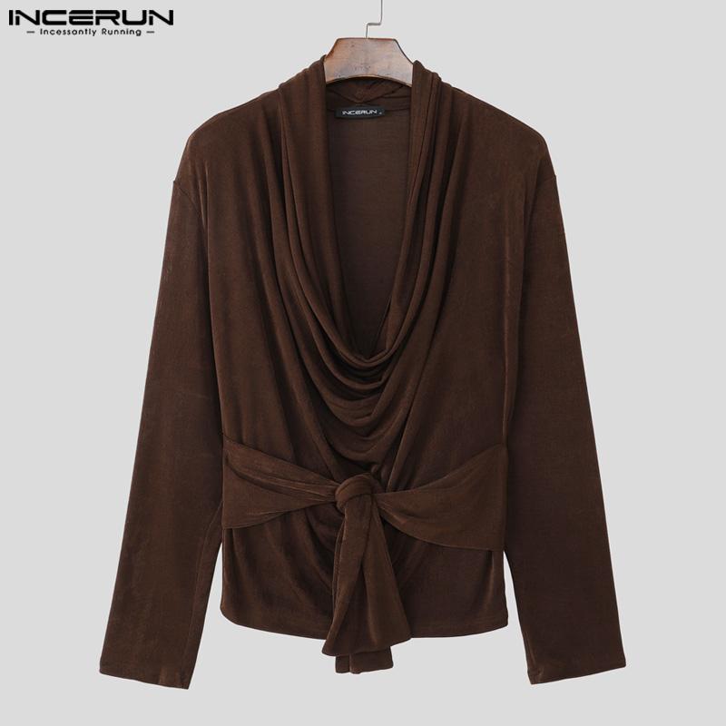 INCERUN Autumn Spring Men Swing Collar Long Sleeve Bandage Waist Casual Tops T-shirts