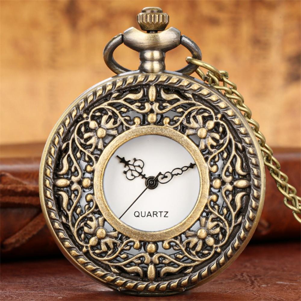 Retro Stylish Hollow Flowers Half Hunter Quartz Pocket Watch Arabic Numerals Dial Necklace Pendant Watch Antique Gift Unisex