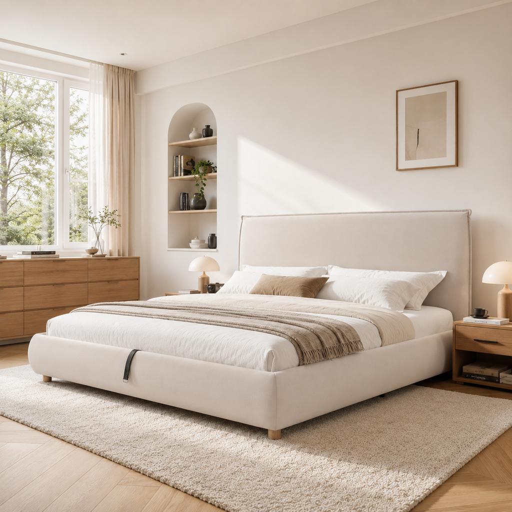 Upholstered Bed, Double Bed, 180*200cm, Hydraulic Function, Slatted Frame, Headboard, Large Storage Space, Bed Legs Made of Solid Wood, Cream, Velvet
