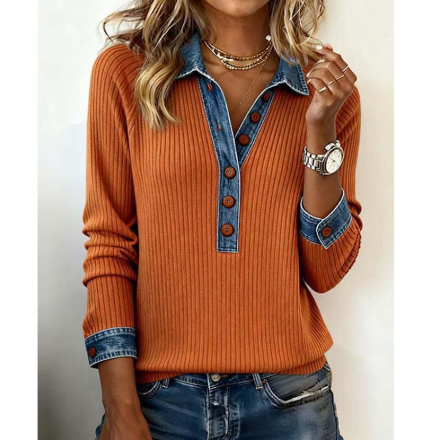 Damen Ins Stil Denim Langarm Rundhals Patchwork Strickoberteil