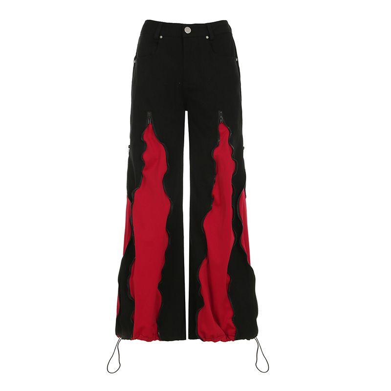 

H Home European and American Women s Clothing Hip Hop Girl Contrasting Color of Black and Red Zipper Loose Pants Function Stylish Hip Hop Denim Pants Black L