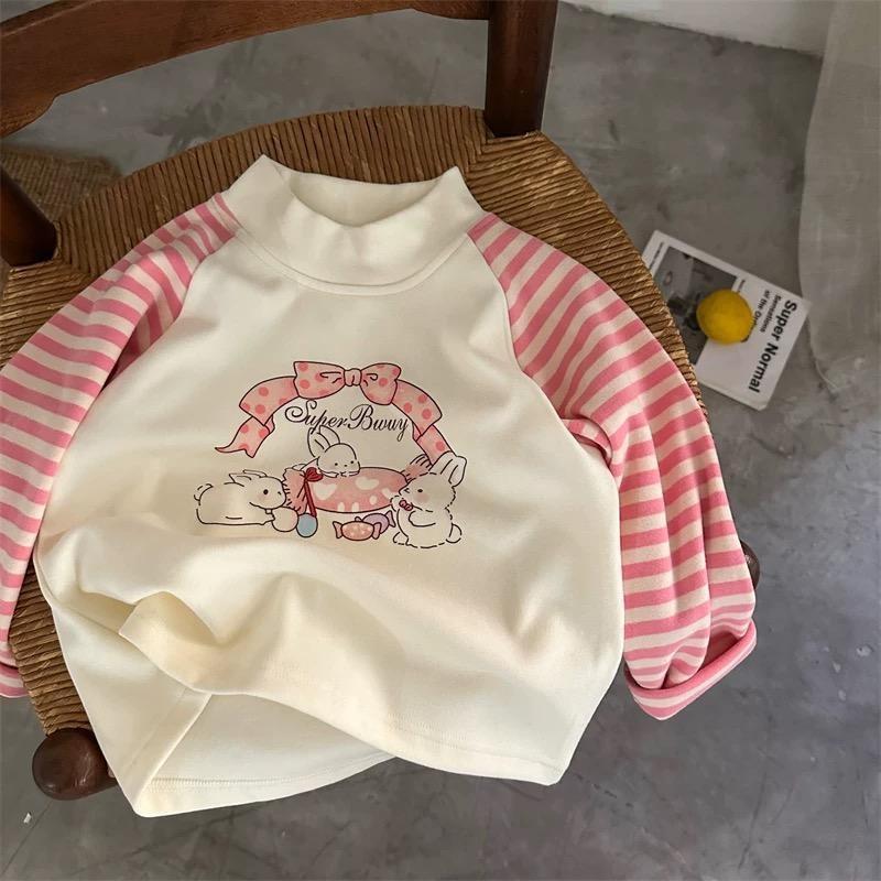 Kids Thermal Cartoon Print Long Sleeve T Shirt Mid High Neck Block Base Layer Top For Spring Autumn
