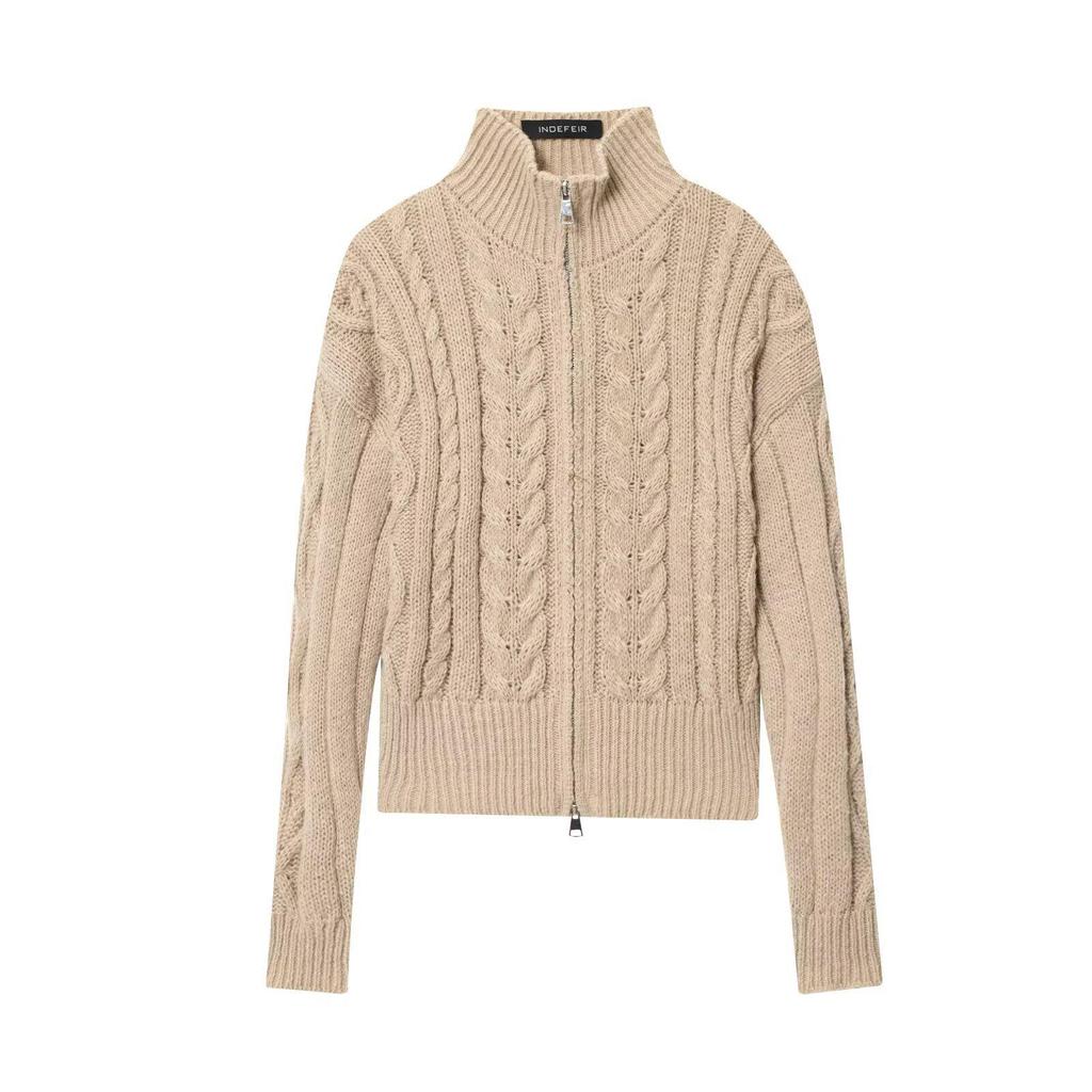 2025 Autumn Women's European & American High-End Cable Knit Stand Collar Cardigan with Zipper