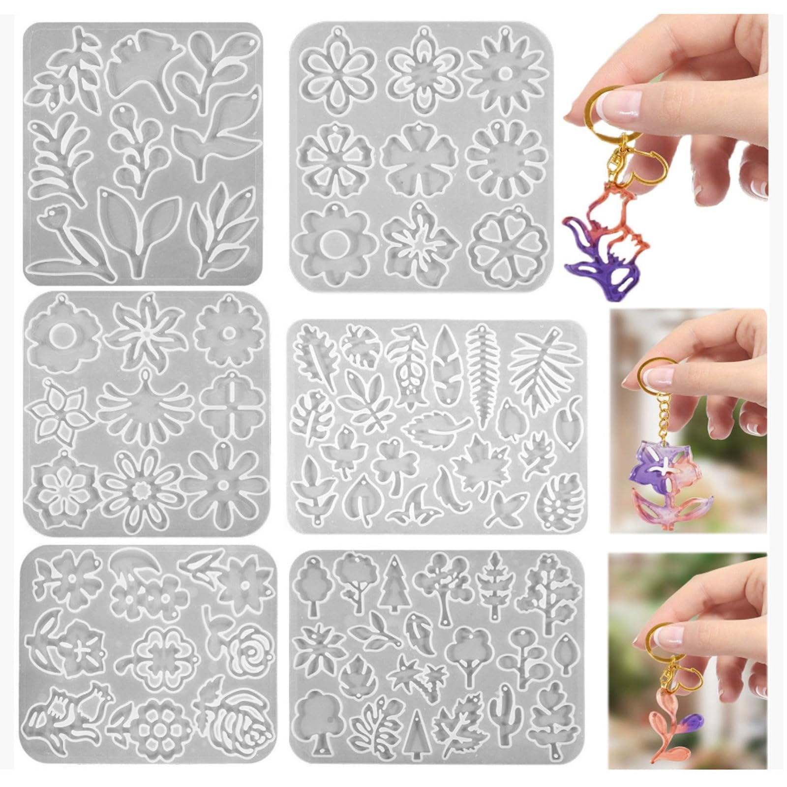 

Rubonarie Silicone Molds, Set of 6, Flower and Leaf Shapes for Pendants, Keychains, Earrings, and Piercings (Translucent)