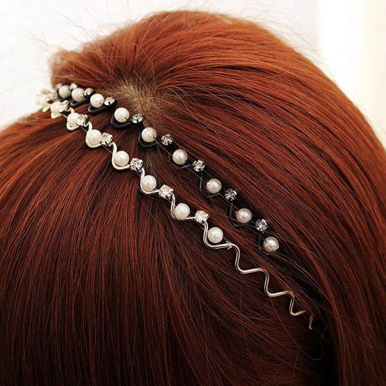 Fashion Wave Faux Pearls Rhinestones Metal Women Headband Hair Band Headwear