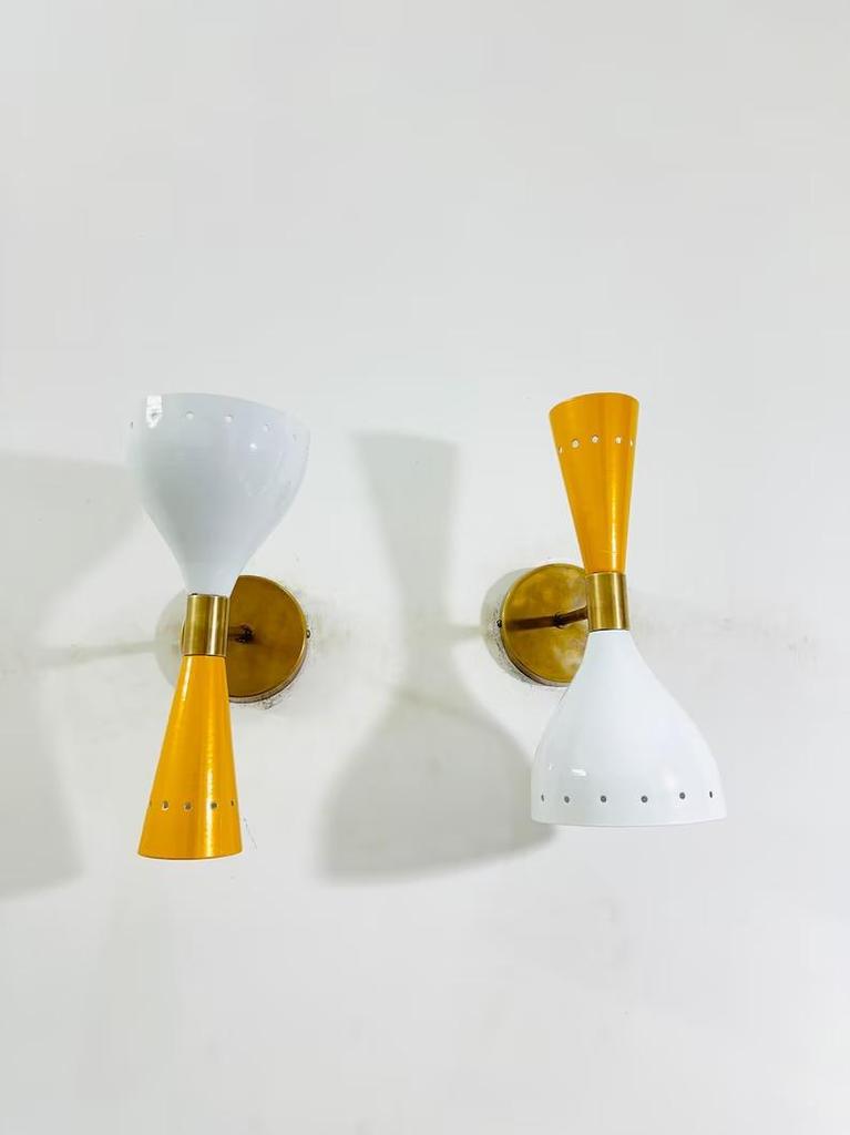 Mid Century Italian Brass Diabolo Wall Sconce Pair - Mustard & White