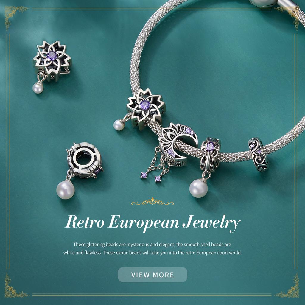WOSTU 925 Sterling Silver Purple Crystal Lotus Charms Pearl Drop Pendant Retro Hollow Heart Bead Fit Original Bracelet Necklace