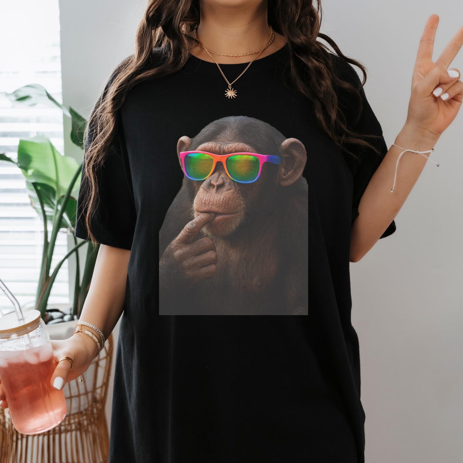 Thinking Chimp T-Shirt: Funny Monkey with Neon Sunglasses L