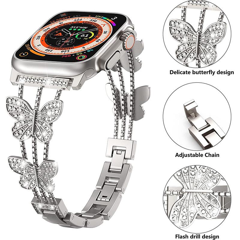For Apple Watch Band 44mm 40 41 38mm Bling Butterly Metal Bracelet For iWatch Series 9 8 7 6 5 4 3 SE 42mm 45mm