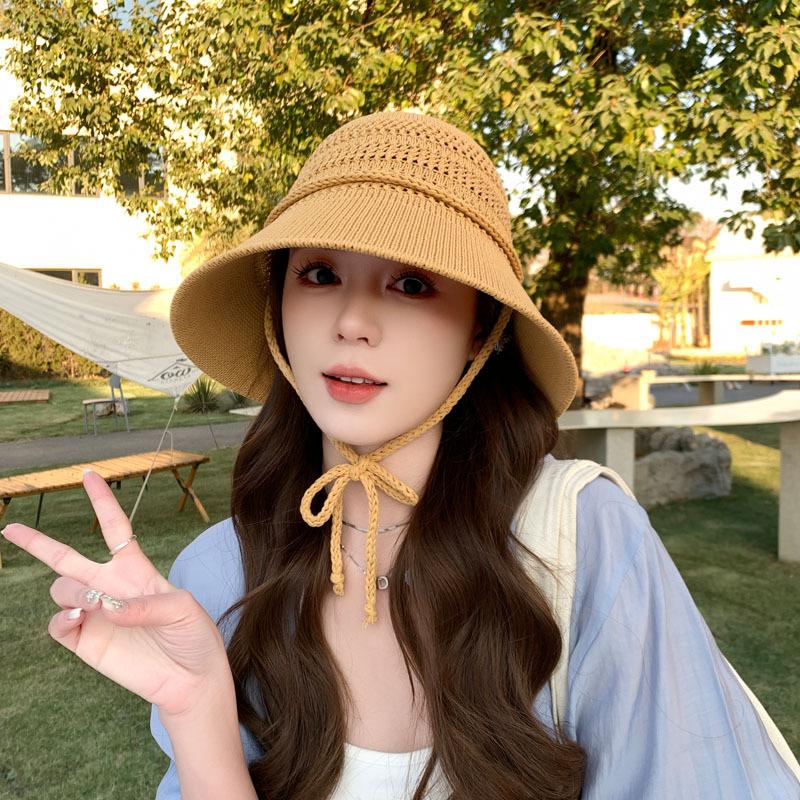 Hollow Bucket Hat Women's Summer Sunscreen Knitted Hat Basin Hat Large Brim Sun Hat Rear Split Tide
