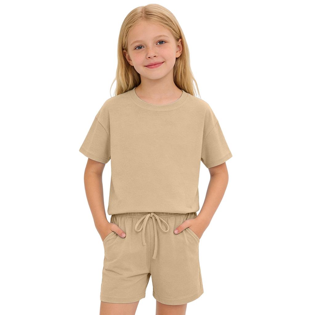 Kids Solid Color Shorts Set Drawstring Waist Pockets Crew Neck T-Shirt Casual Summer Outfit for Boys and Girls