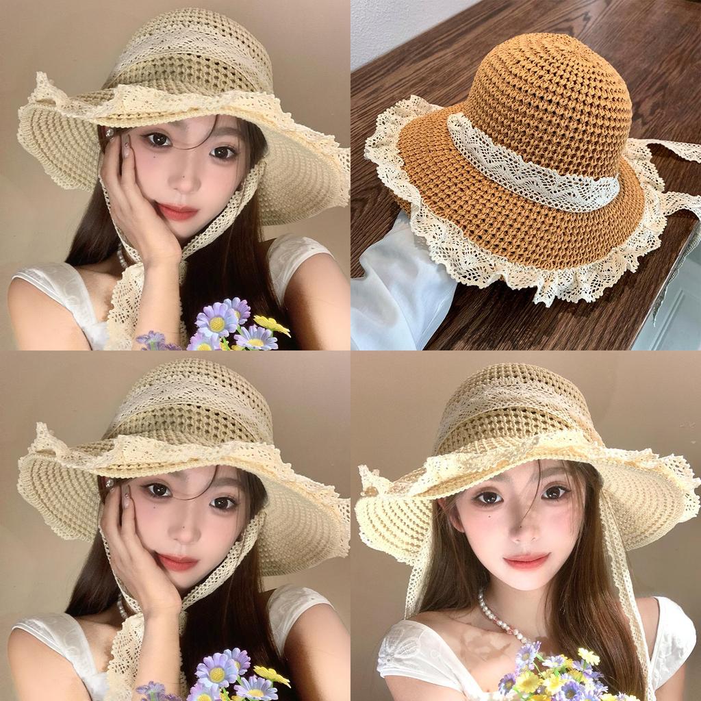 Summer Wide Brim Lace Up Hollow Straw Hat For Women Casual Beach Sun Protection