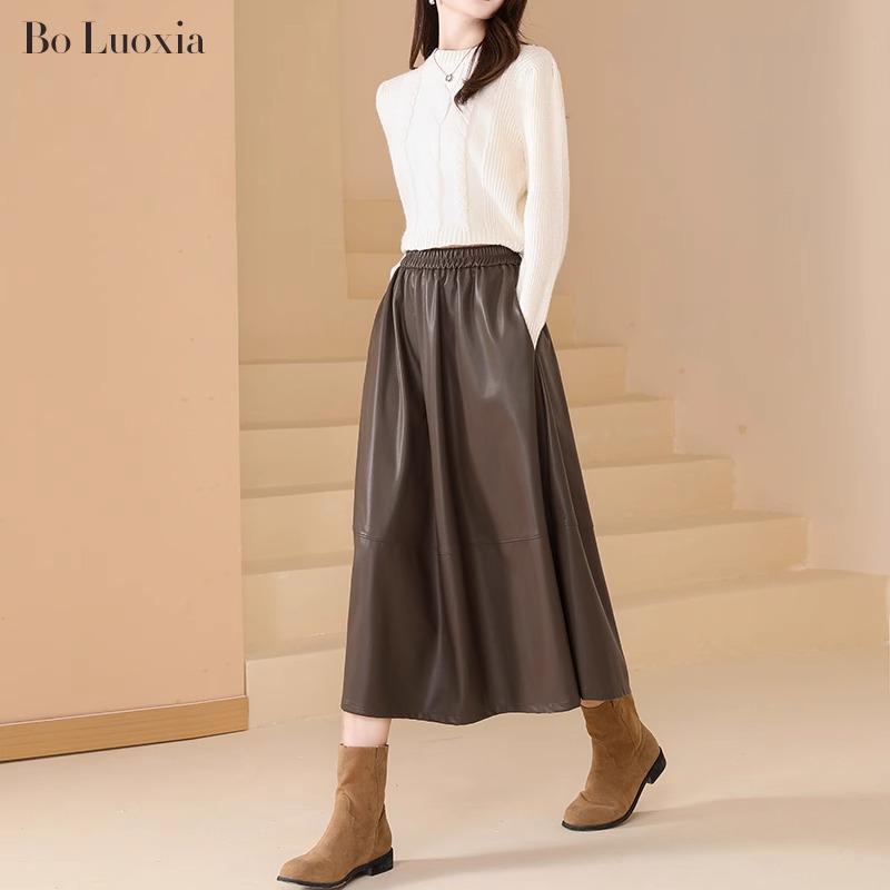 

Юбка А-силуэта в стиле Хепберн из матовой ПУ-кожи: Ретро Миди, Эластичная талия, Большая юбка-клёш, Осень/Зима 4XL кофейный