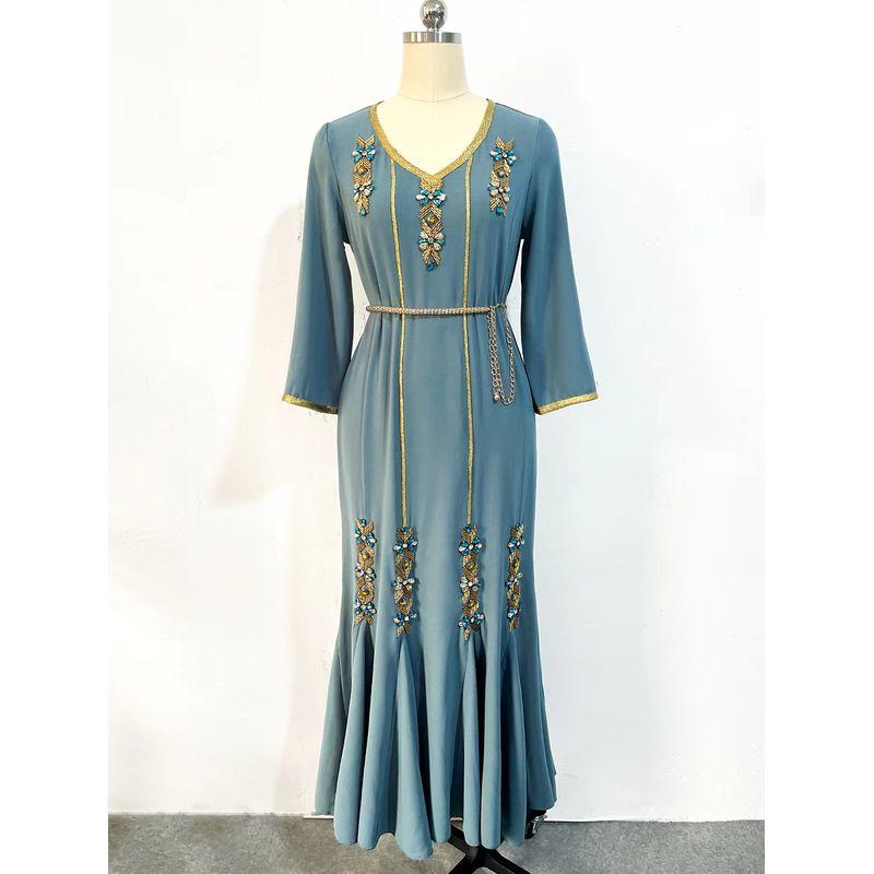 

Western Style Handmade Seam Drill Design Sense Frill Dress Hand Stitched Diamond Dress Haze Blue 2XL