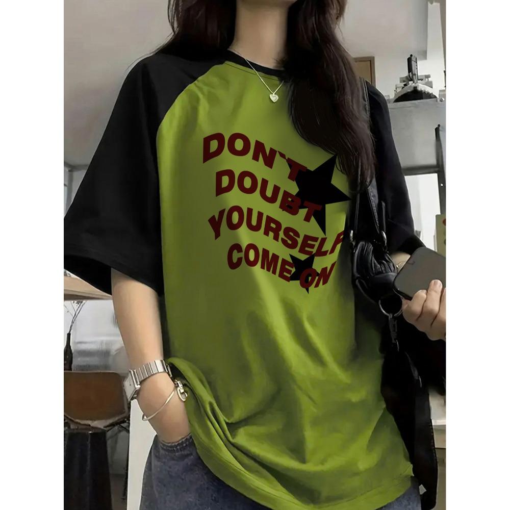 

Women s Letter Pattern Color-block Short-sleeve T-shirt, Summer Casual Versatile Fashion Comfortable Breathable Top 5XL