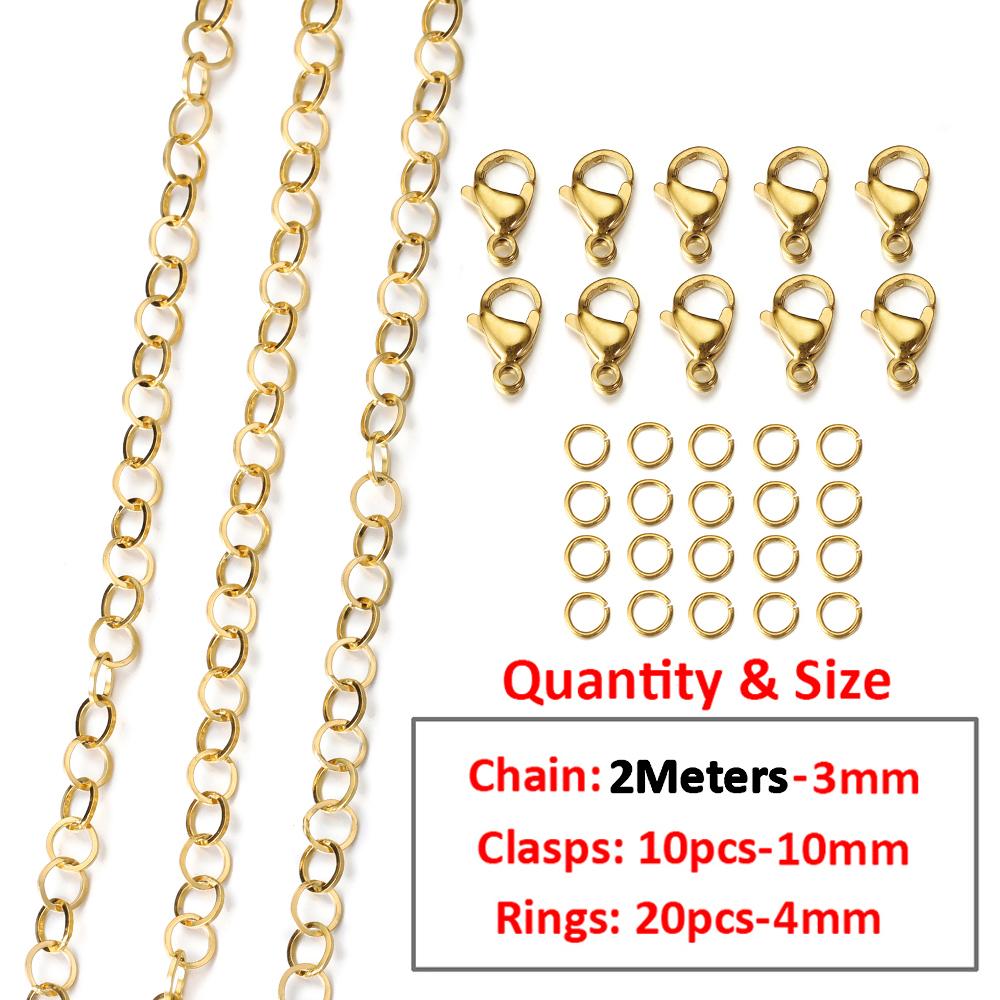 2Meters/1Meter Stainless Steel Chain Lobster Clasps Jump Rings Connectors Chains for Bracelet Necklace Jewelry Making DIY Kit
