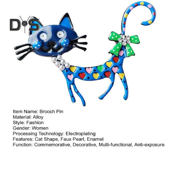 Adorable Cat Shape Brooch Colorful Enamel Faux Pearl Rhinestone Pin Suit Lapel Badge Casual Accessories