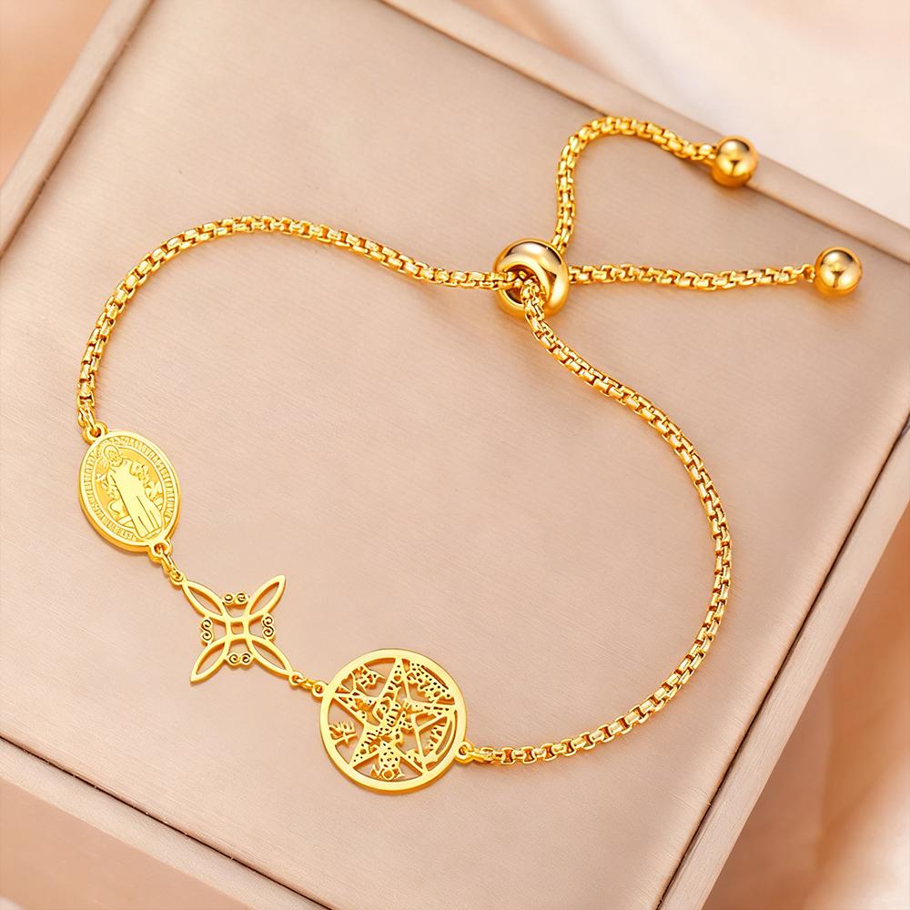 Triple Protection Bracelet St. Benedict Witch Knot Pentagram Tetragrammaton Stainless Steel Adjustable Bracelet