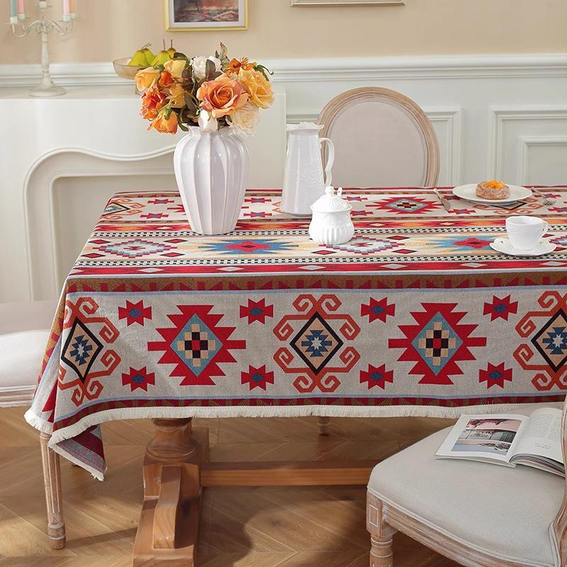 Vintage American Thick Linen Tablecloth Ethnic Jacquard Oil Painting Style Rectangle Table Cover