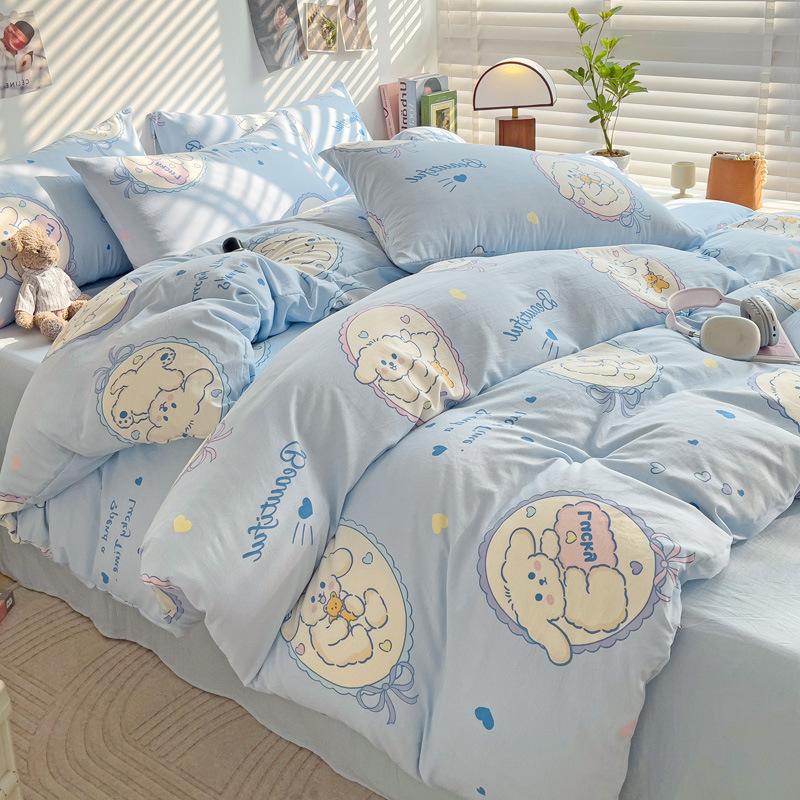 Small Fresh Mattress Quilt Cover Class A Maternal And Infant Grade Cartoon Dormitory Bed Sheet Three-Piece Set Super Soft Washed Cotton 4Pcs Set