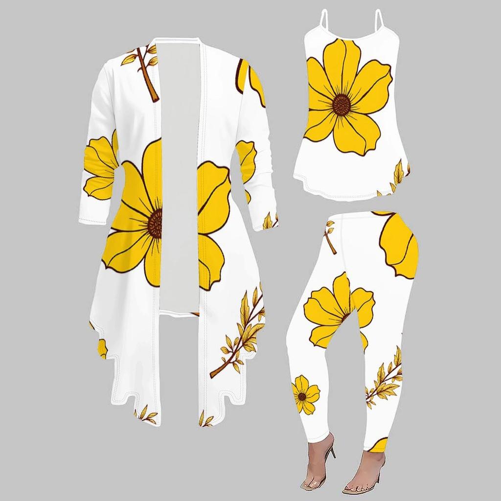 Plus Size Floral Print 3 Piece Outfit, Long Sleeve Open Front Cardigan Cami Top Leggings Set for Women