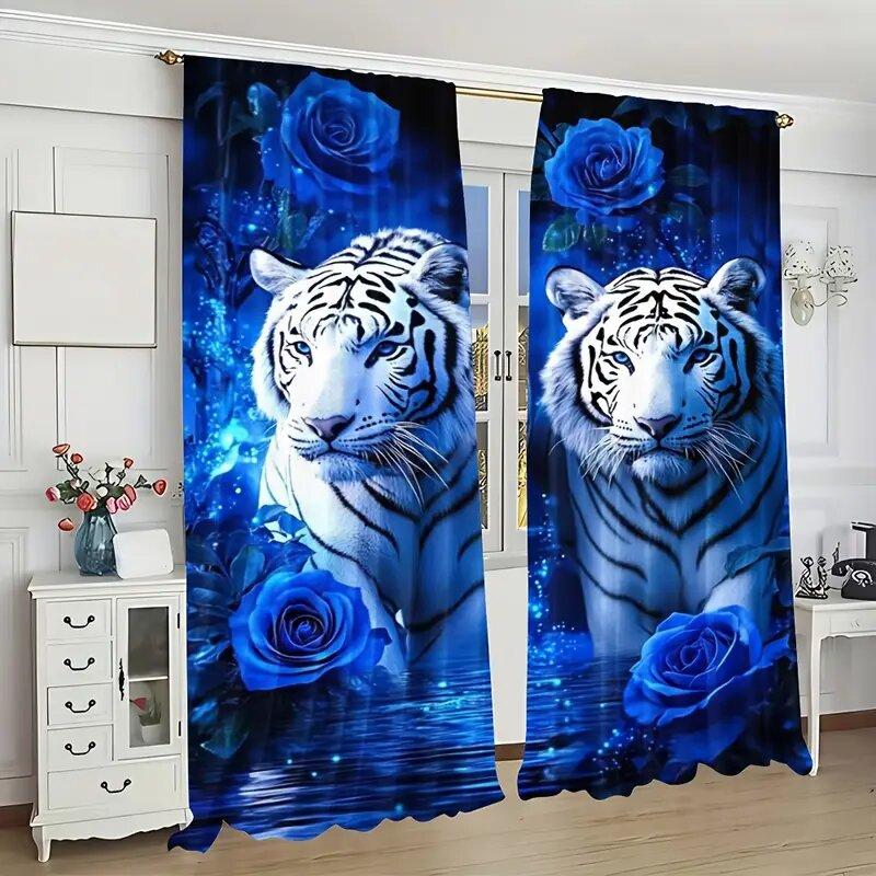 2pcs - White tiger and blue rose print curtains, pole bag curtains, home decoration, room decoration