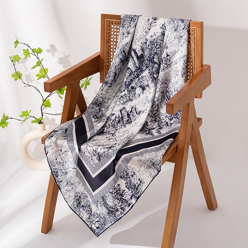 Women's 100% Mulberry Silk Retro Jungle Castle Print Scarf – Elegant High-End Light Luxury Shawl