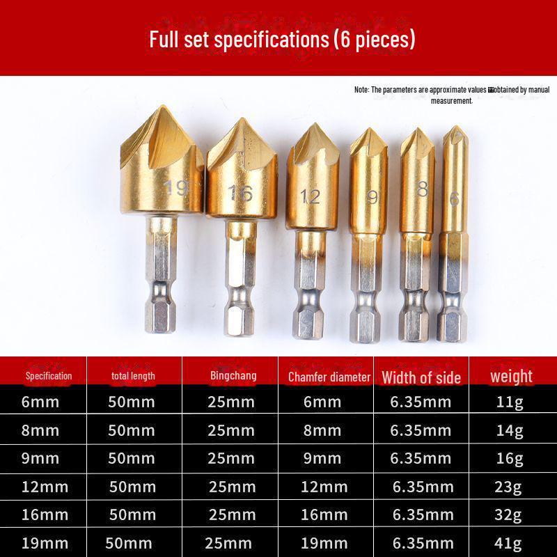 

Набор из 6 шестигранных титановых фасочных инструментов, в том числе 3 развертки и сверла по дереву 12–19 мм — 82 градуса.