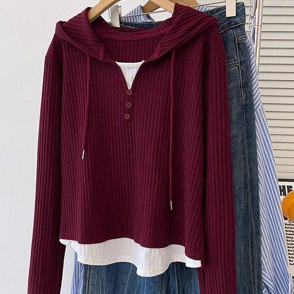 

Plus Size Hooded Color Block Layered Long Sleeve Slimming T-Shirt for Women 3XL (for 161-180 catties)