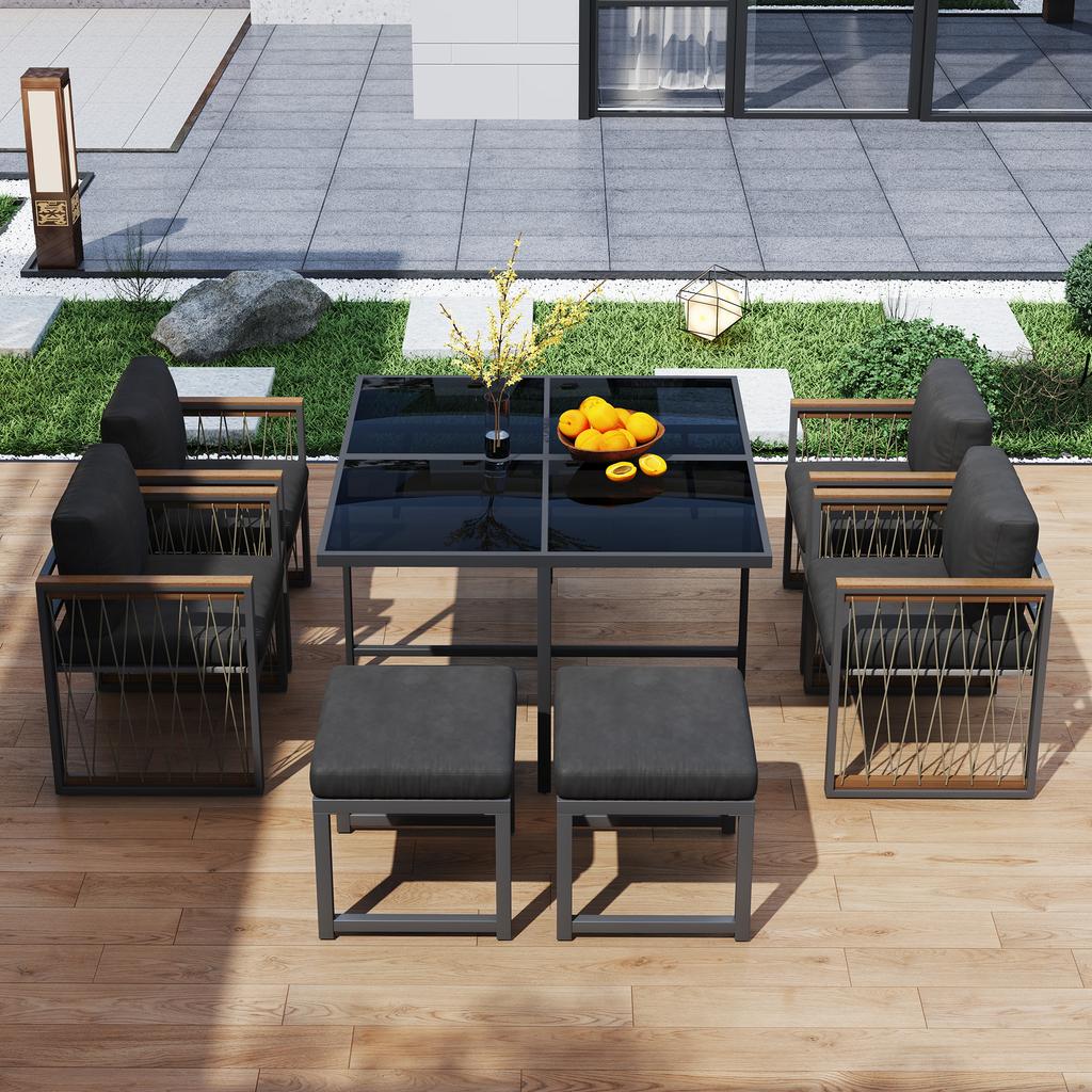 7-Piece Dining Table and Chair Set for 6 People, Table Made of Tempered Glass, Armrests of Plastic and Wood, Suitable for Backyard, Garden Patio