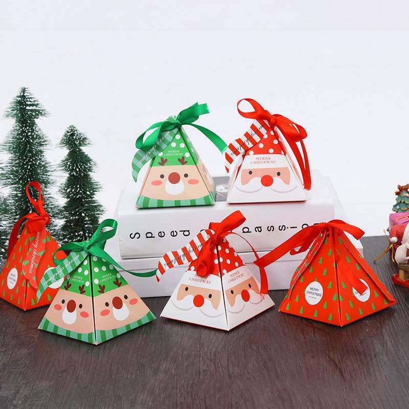 10Pcs Christmas Candy Packaging Box Santa Claus Reindeer Triangle Gift Box Merry Christmas Labeled Kraft Paper Box Party Supplie
