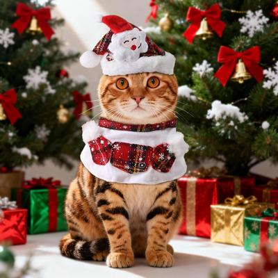 Pet Santa Hat with Scarf Cosplay Dress Up Comfortable Photo Props Outfit Christmas Costume