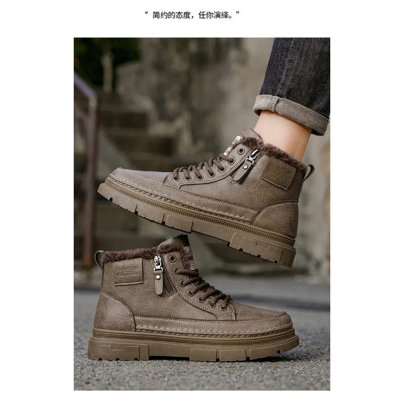 Leather Men's Boots Winter Platform Warm Fur Ankle Short Lace Up Fashion Novelty Concise Casual Work Shoes Botas