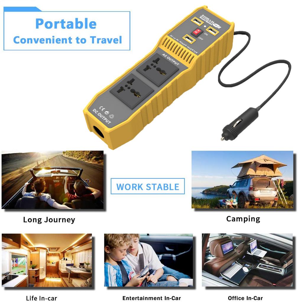 12V DC to 220V AC 400W Car Power Inverter Portable 3 USB Ports + 2 AC Outlets Converter