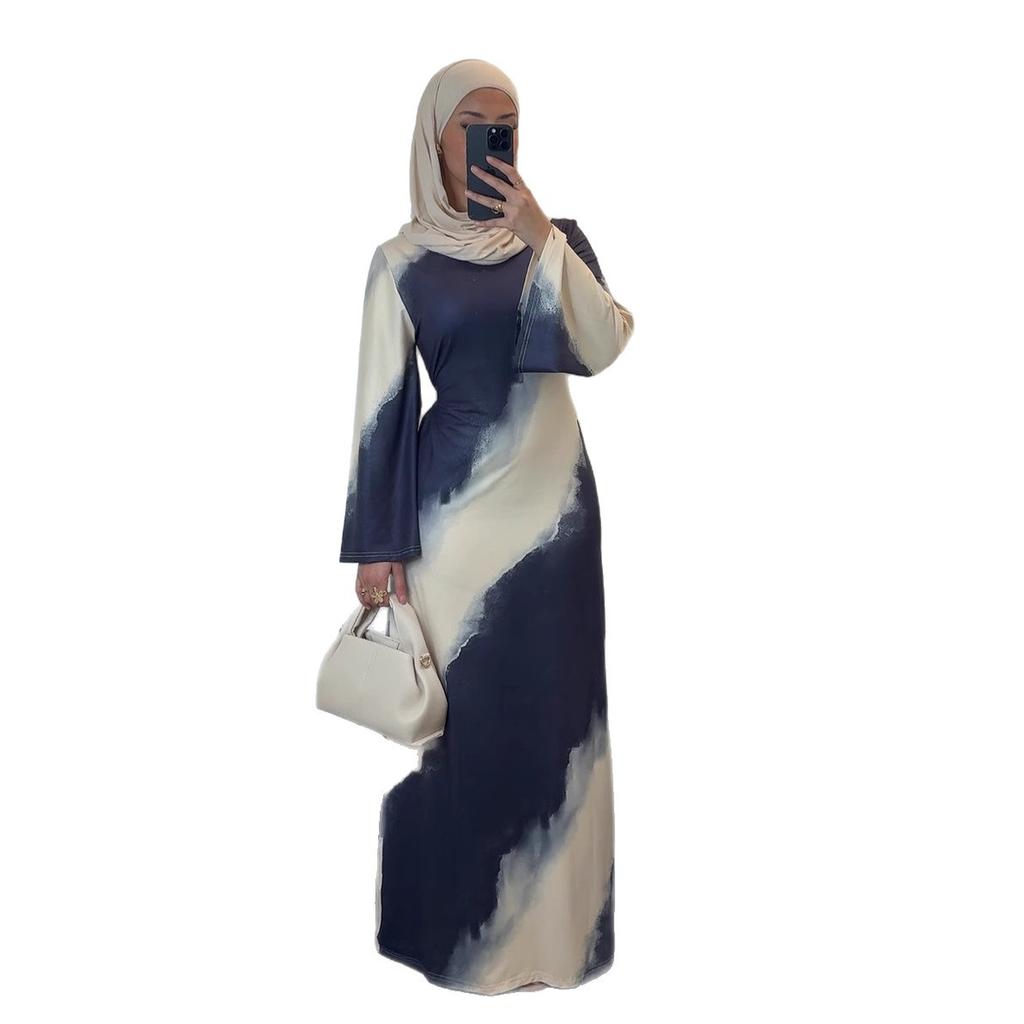 Middle East arabic women's new fashion graffiti printing long sleeve slim dress long dress