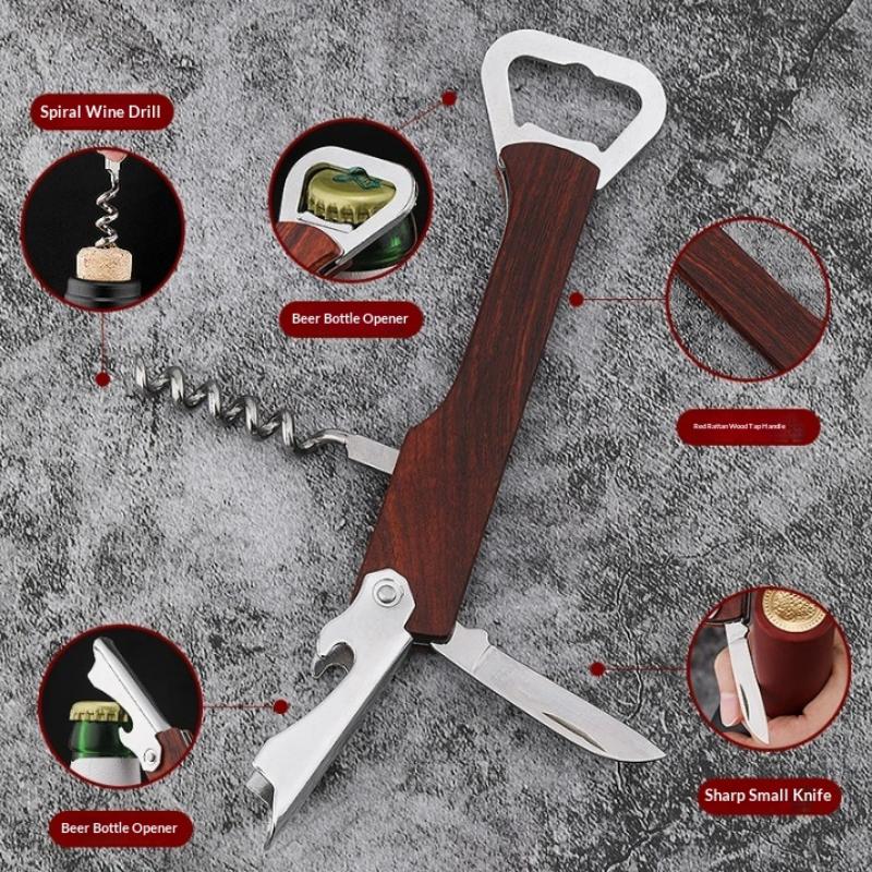 Herramienta Plegable Portátil de Madera y Acero Inoxidable Cuchillo Sacacorchos Abrebotellas de Vino Tinto Herramienta Multifuncional para Exteriores Accesorios de Bar