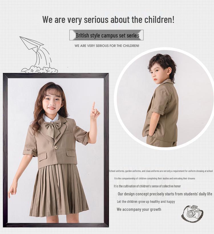 British Style Summer Short Sleeve Kindergarten Uniform Set for Boys and Girls