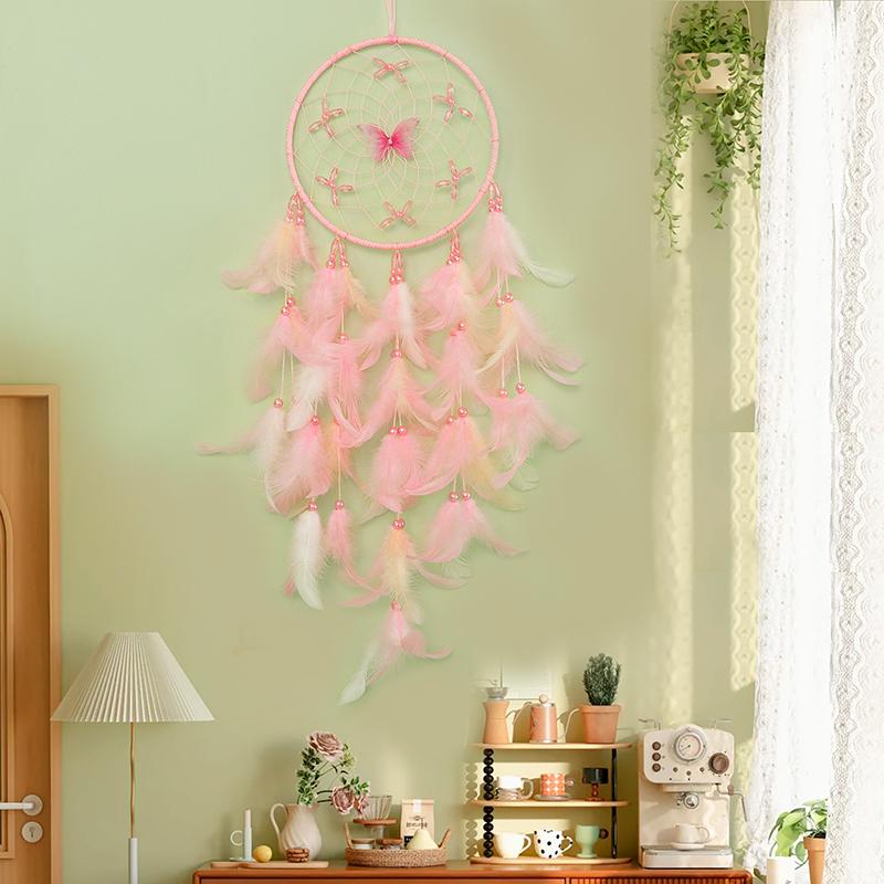 Łapacz Snów Elegancki Ręcznie Tkany Różowe Pióra Dzwonki Wiatrowe Wiszący na Ścianę Sypialnia Wiszące Ozdoby Urodzinowe Dekoracja Domu