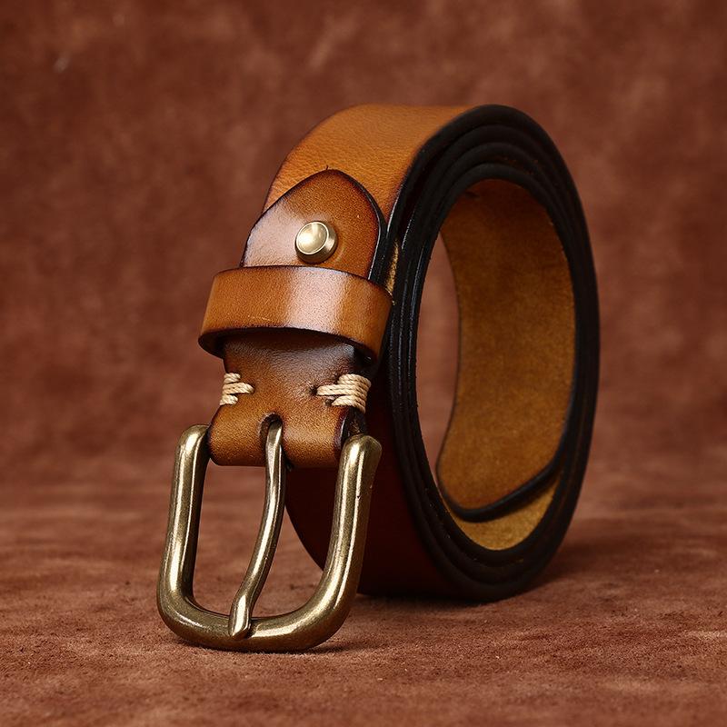 3.3Cm Wide Retro Smooth Leather Belt Men'S First Layer Cowhide Pure Copper Pin Buckle Casual Jeans Belt Men